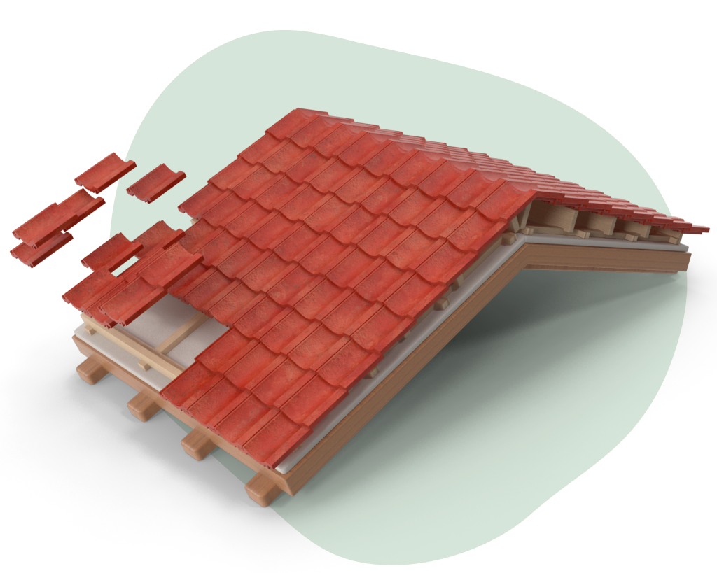 acoperiș cu țiglă portocalie, câteva țigle sunt mai ridicate, completând ca niște piese de puzzle acoperișul